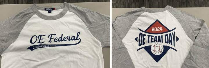 OE Federal branded raglan shirt, front with Celebrating 60 Years script logo, back with OE Team Day 2024 logo