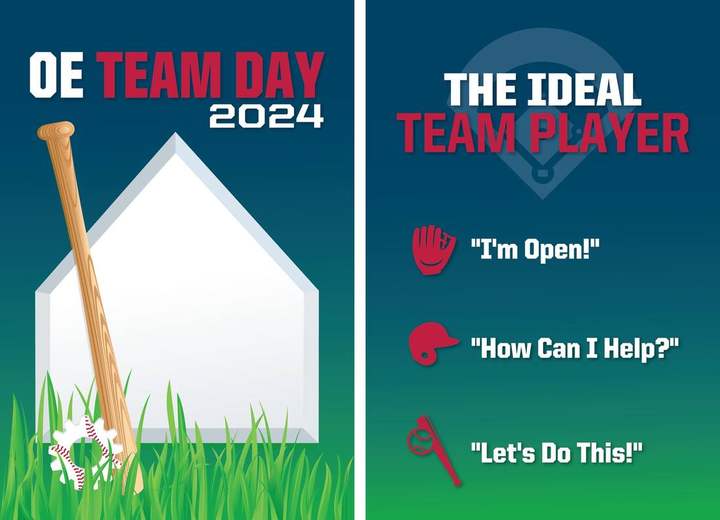 OE Team Day event badge artwork, front design with home plate and bat, back design with The Ideal Team Player messaging