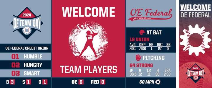 OE Team Day event signage: large backdrop banner with welcome message and stats, alongside a tall retractable banner