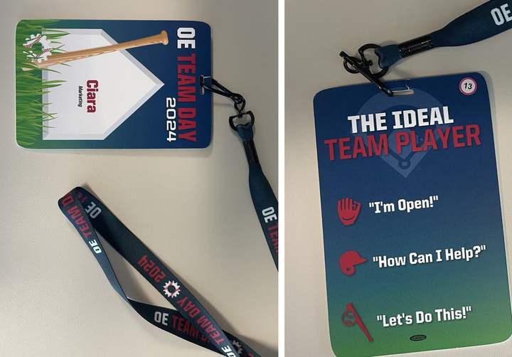 Printed OE Team Day badge personalized with a team member's name, clipped to a branded lanyard, front and back