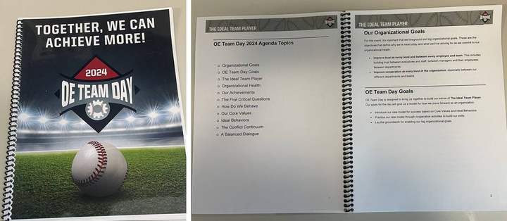 OE Team Day event program booklet, cover with Together We Can Achieve More, and interior agenda spread