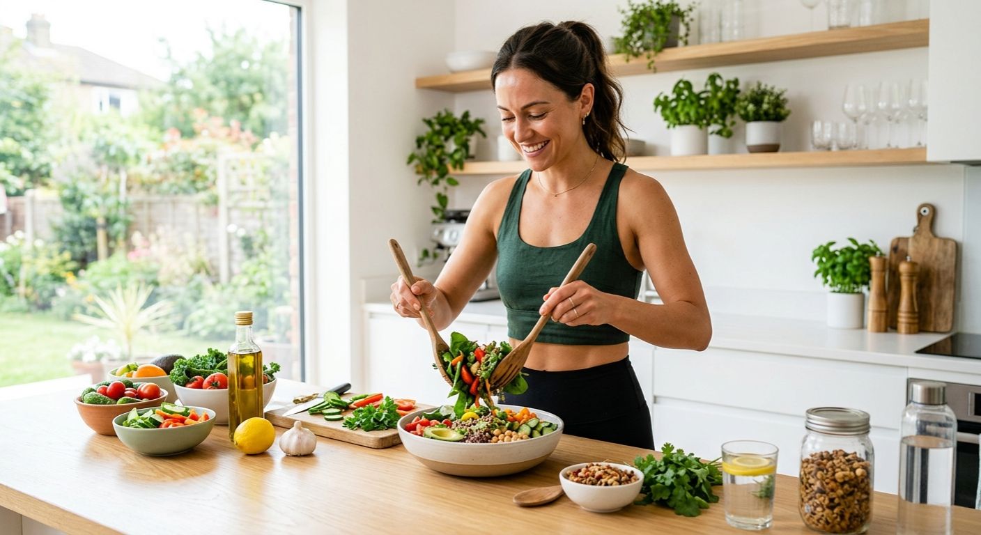 A clean, lifestyle photo of a healthy person exercising or preparing a meal, representing metabolic health and vitality
