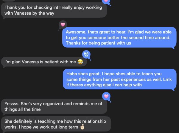 Screenshot of a client text conversation: 'She's very organized and reminds me of things all the time.'