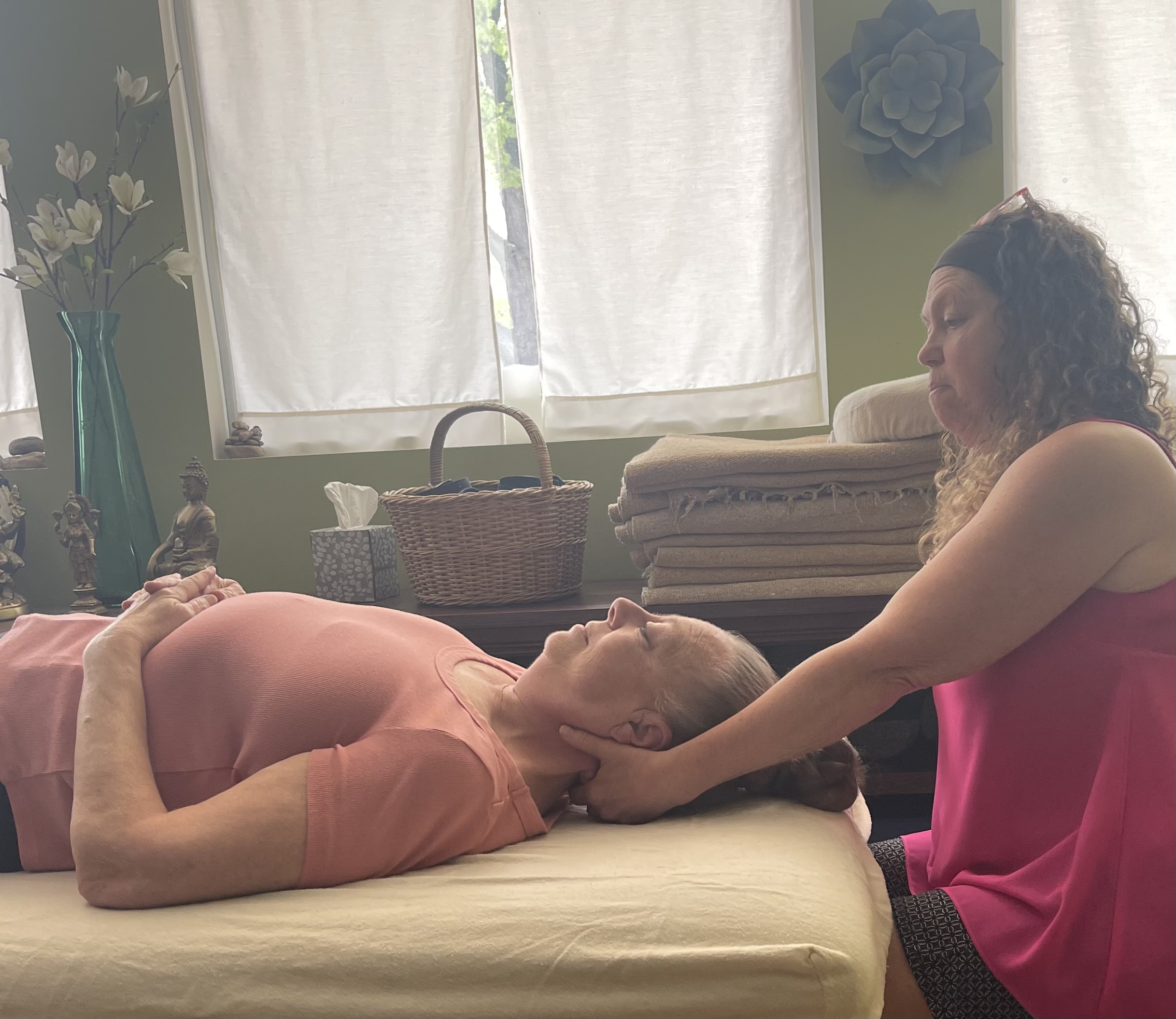 Wendy Coon performing a gentle Myofascial Release technique during a treatment session in Spring Lake, Michigan. Wendy Coon performing a gentle Myofascial Release technique during a treatment session in Spring Lake, Michigan.