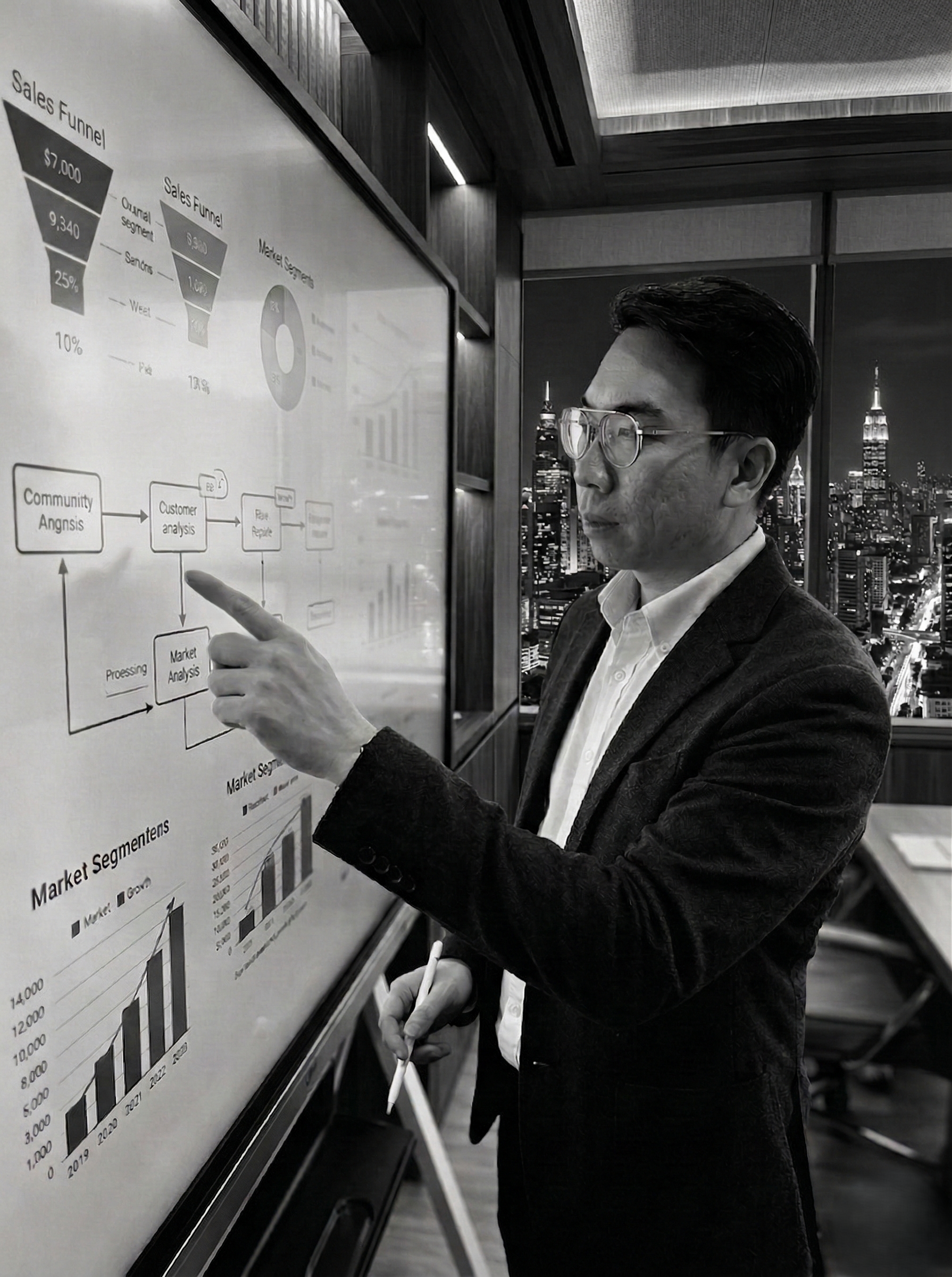 Drew Budiman diagnosing business systems on a whiteboard