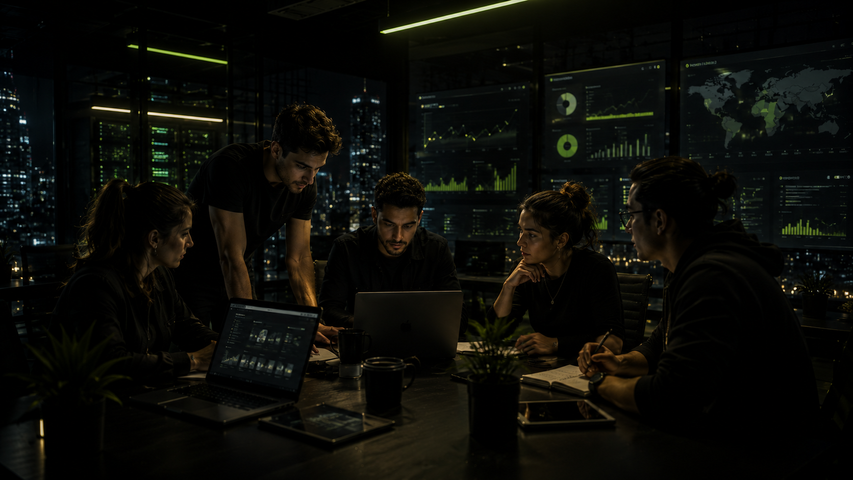 Equipo de Una Agencia Más trabajando en oficina con pantallas de datos