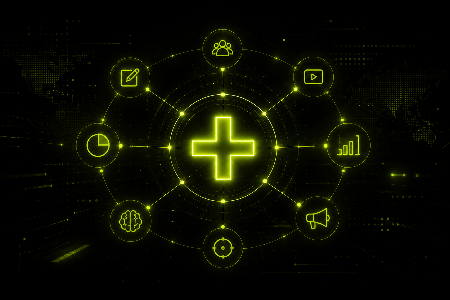 Esquema circular: Estrategia, IA, Anuncios, Datos, Audiencia, Contenido agrupados alrededor de un signo +