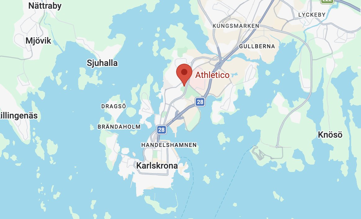 Karta som visar Athletico på Sunnavägen 99A i Karlskrona