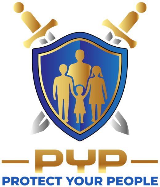 PYP Protect Your People crest: a family inside a shield with crossed swords