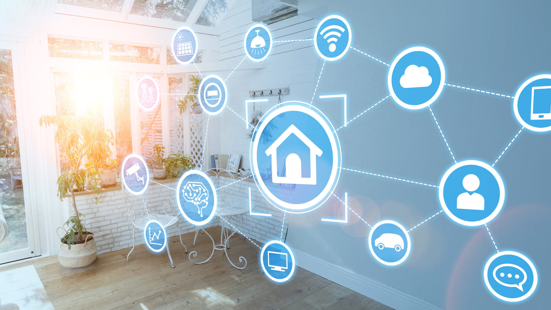 Interior of a bright, modern space with plants and furniture, featuring digital icons representing smart home technology, including home automation, security, and connectivity, illustrating CRM and marketing automation systems for service-based businesses.