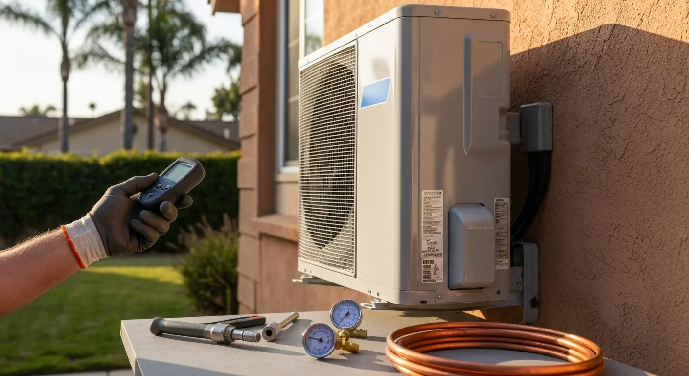 HVAC technician servicing residential air conditioning unit