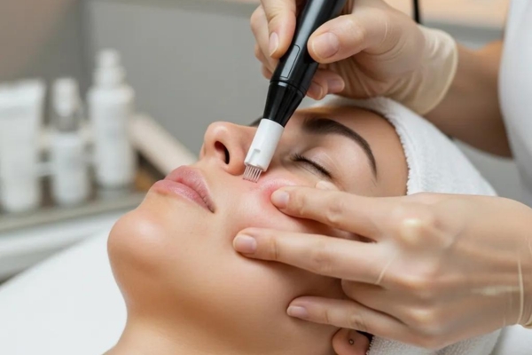 Skincare professional performing microchanneling treatment on a client in a modern clinic