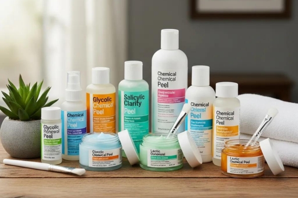 Variety of chemical peel products displayed on a wooden table, highlighting different types and effects
