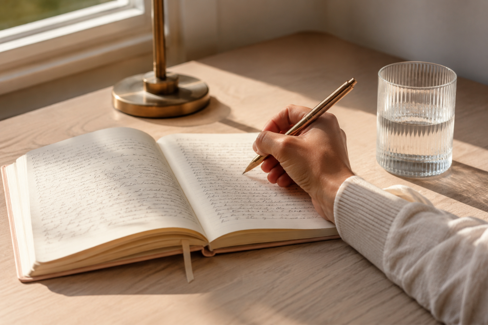 A woman's hand writing in an open journal on a sunlit wooden table beside a glass of water. A woman's hand writing in an open journal on a sunlit wooden table beside a glass of water.