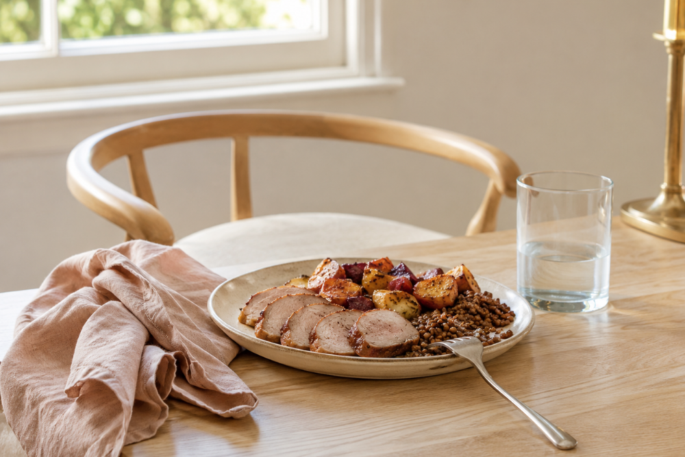 A plate of roasted pork, vegetables, and lentils mid-meal at a sunlit table with a glass of water.