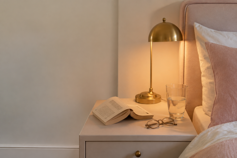 A calm nightstand with a lamp, an open book, and reading glasses, and no phone in sight. A calm nightstand with a lamp, an open book, and reading glasses, and no phone in sight.
