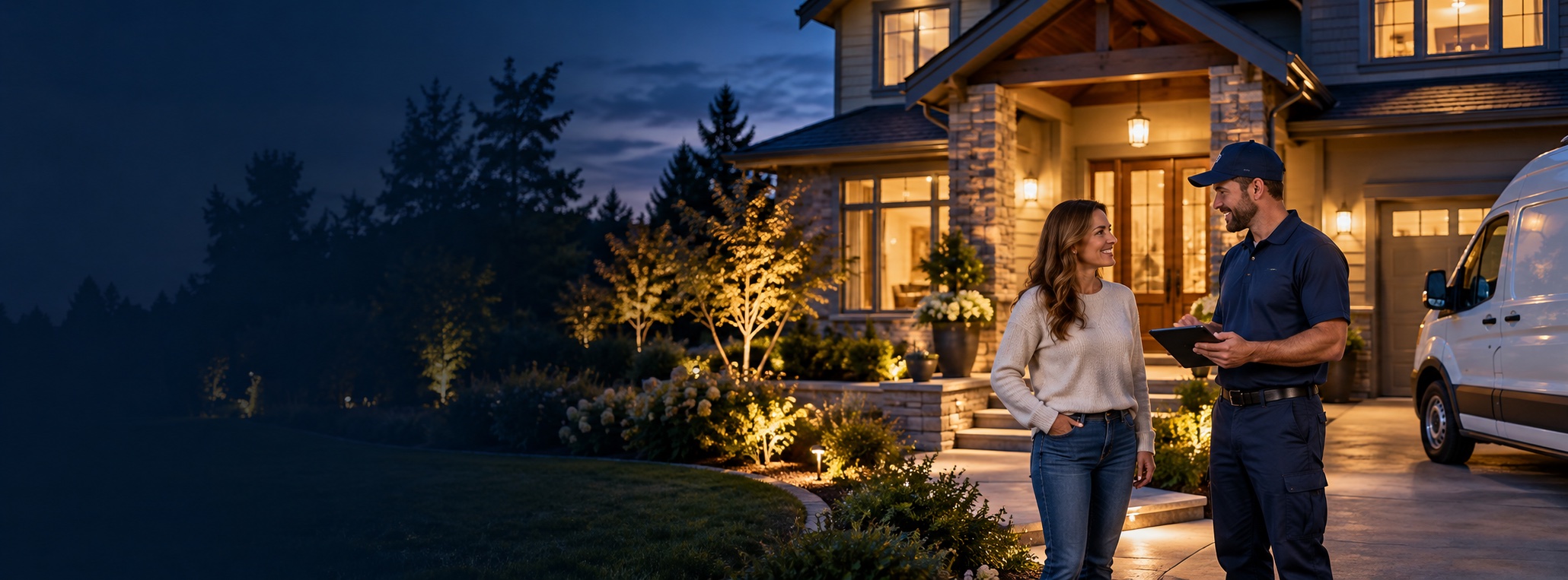 A happy homeowner and Northstar service professional outside a warmly lit home