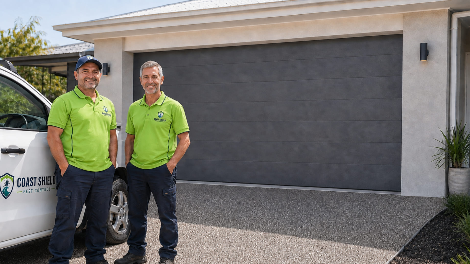Coast Shield technician beside the branded ute outside a modern Gold Coast home