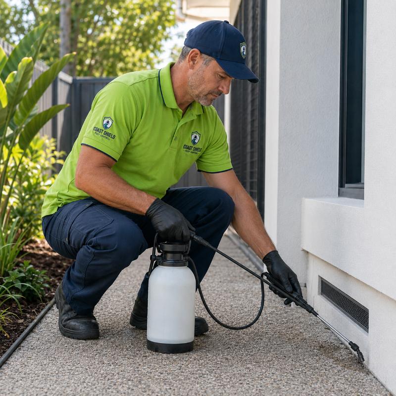Coast Shield pest control technician preparing treatment equipment at a Gold Coast job