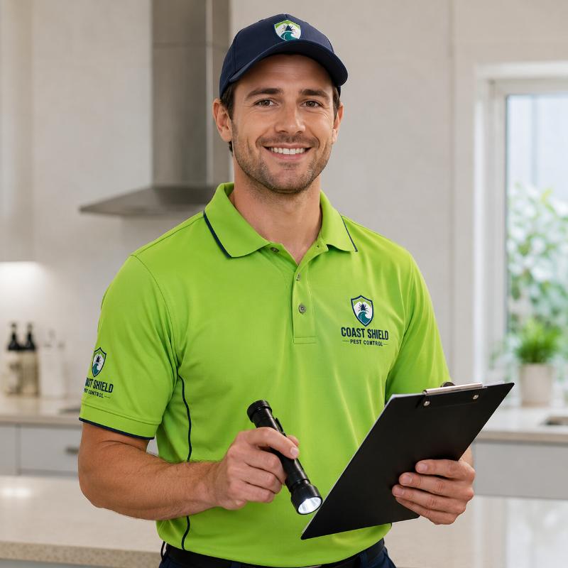 Coast Shield specialist treating garden areas for spiders and ants at a Gold Coast property