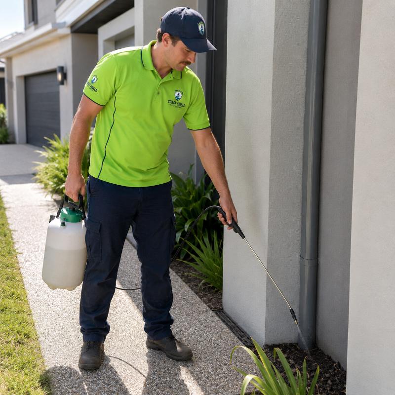 Coast Shield technician applying treatment around a Gold Coast residence