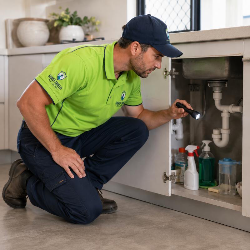 Coast Shield pest control specialist at work in a Gold Coast kitchen