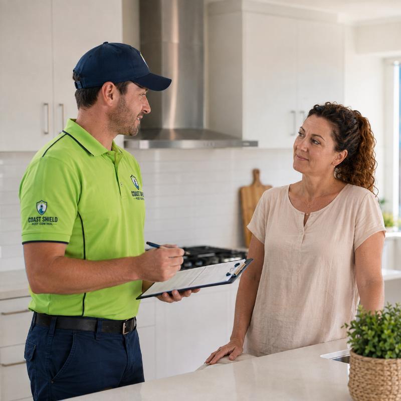 Coast Shield technician talking with a Gold Coast family in their backyard
