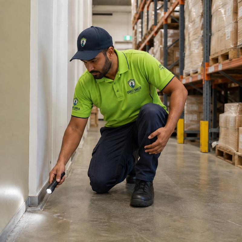 Coast Shield technician checking exterior pest entry points at a Gold Coast property
