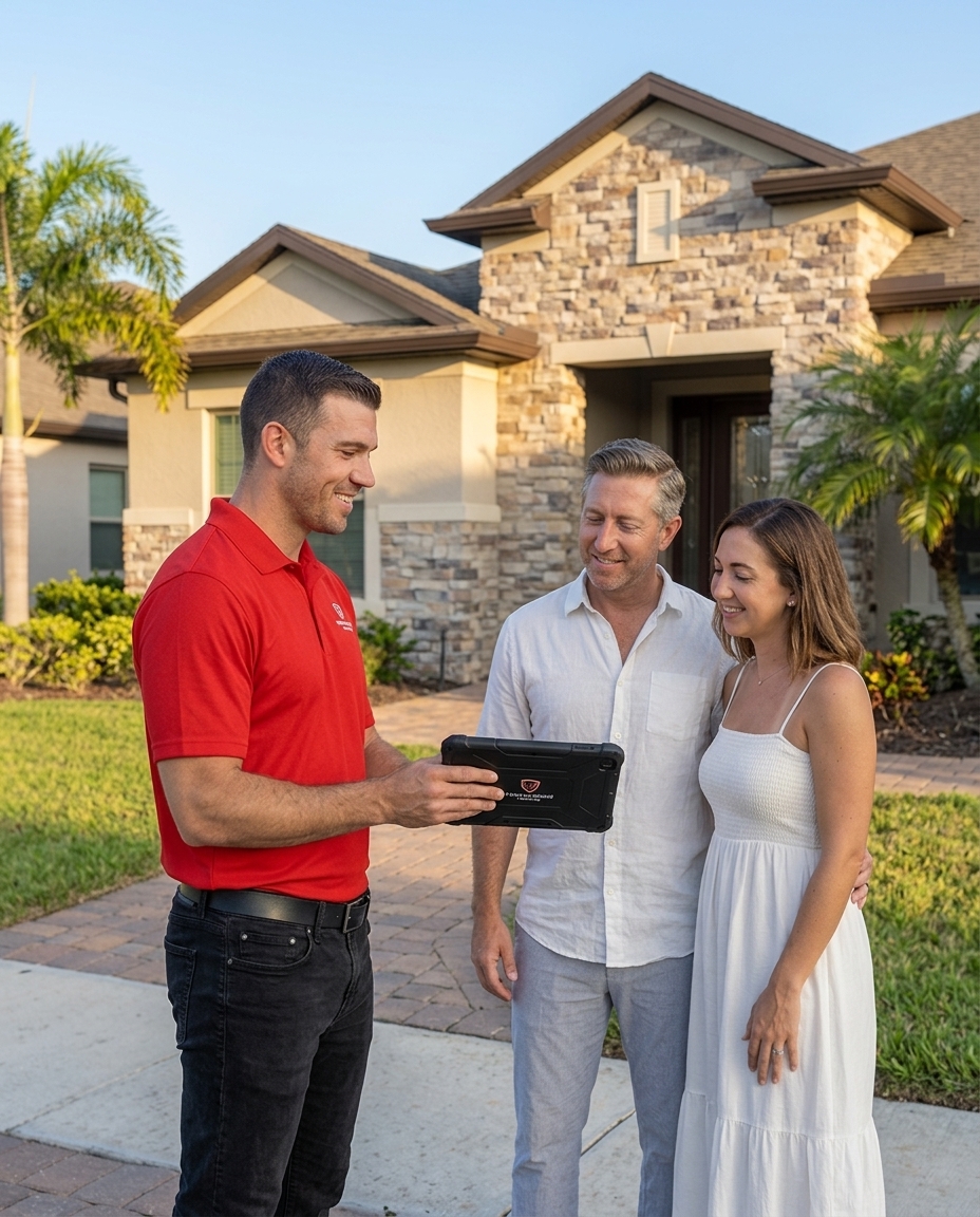 Vet Shield roofing rep reviewing a roof inspection report