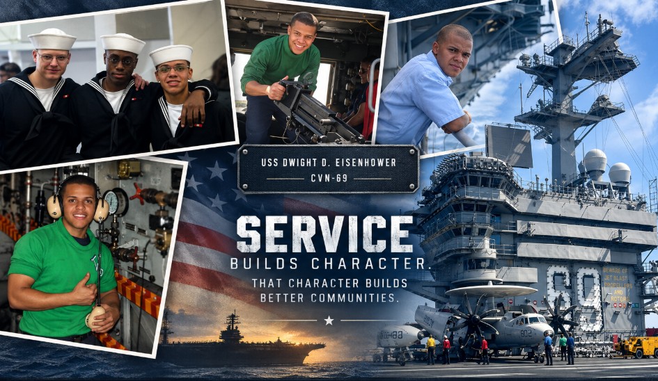Oliver's U.S. Navy service aboard the USS Dwight D. Eisenhower