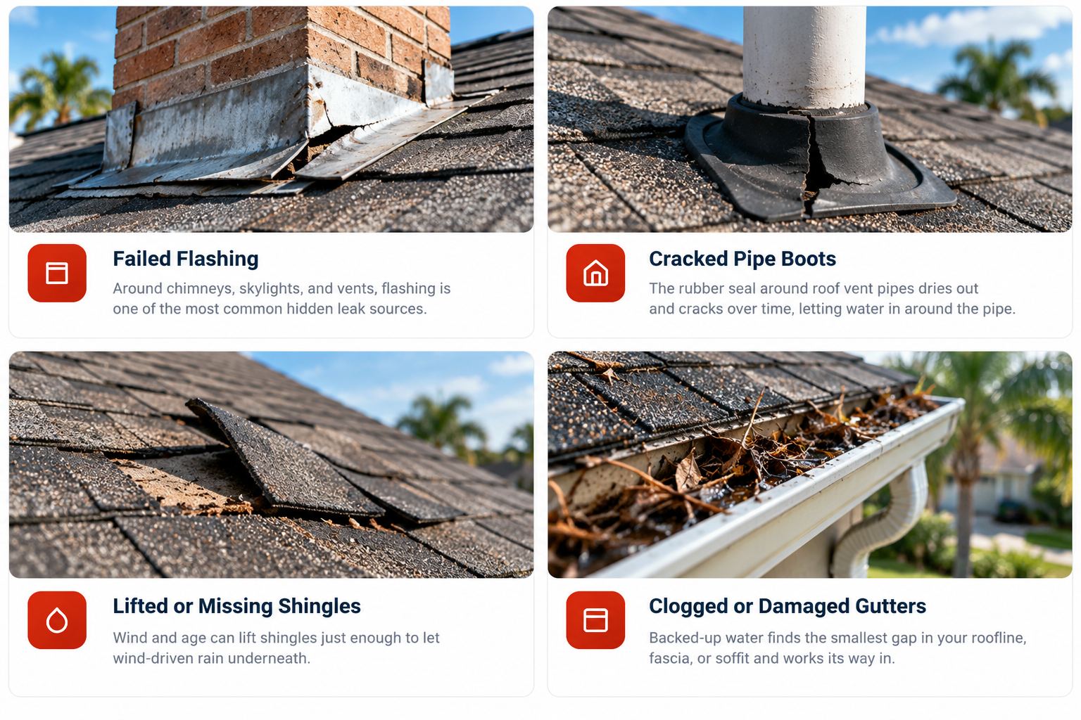 Common leak sources: failed flashing around chimneys and skylights, cracked pipe boots, lifted or missing shingles, and clogged or damaged gutters