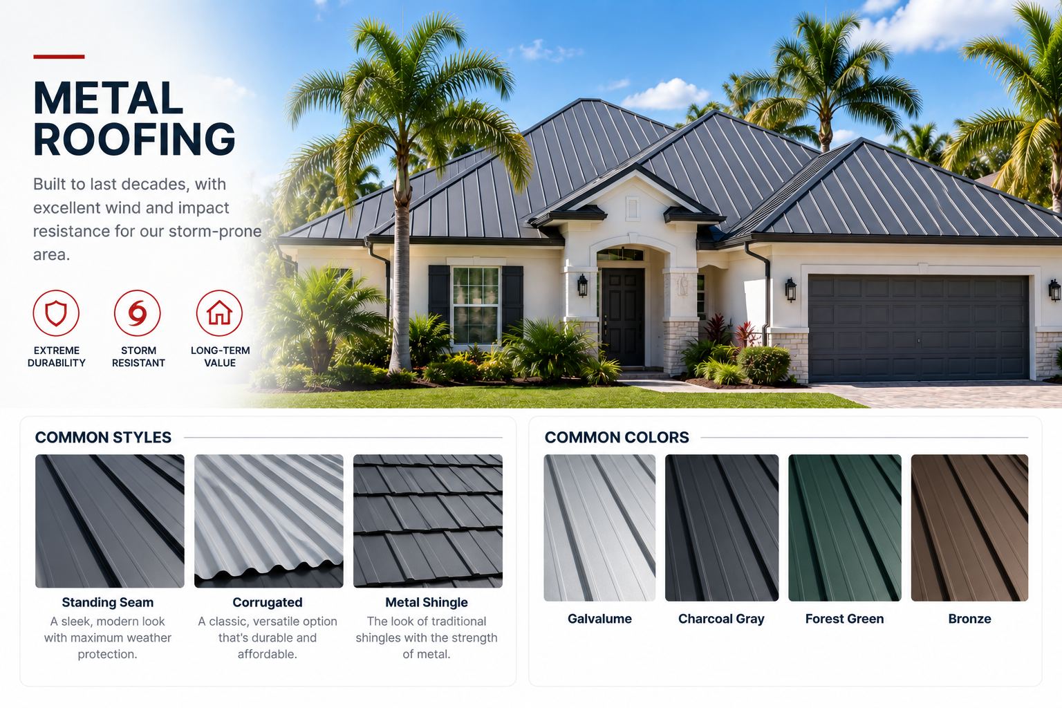 Metal roofing: built to last decades with excellent wind and impact resistance, available in Standing Seam, Corrugated, and Metal Shingle styles, common colors Galvalume, Charcoal Gray, Forest Green, and Bronze