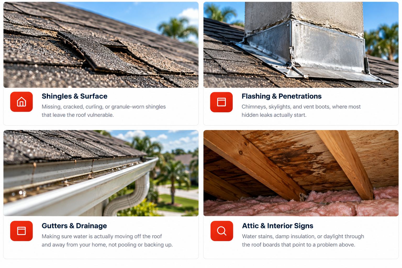 What we check during a roof inspection: shingles and surface for missing or curling shingles, flashing and penetrations around chimneys and skylights, gutters and drainage, and attic and interior signs like water stains and damp insulation