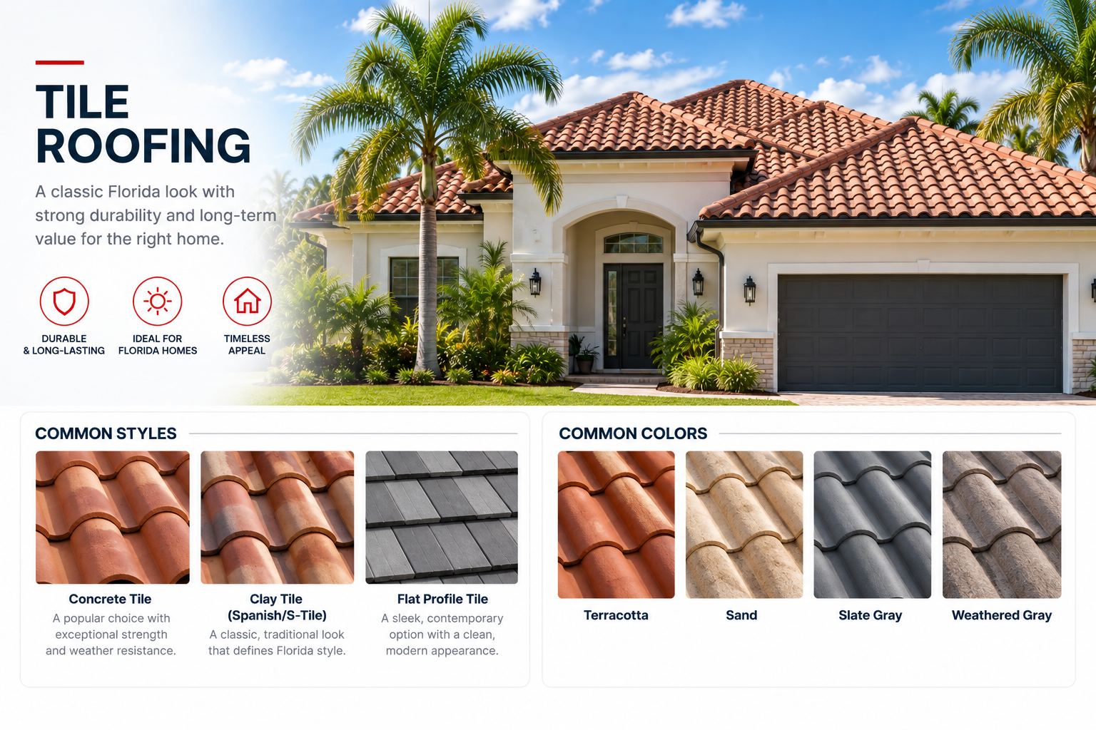 Tile roofing: a classic Florida look with strong durability, available in Concrete Tile, Clay Tile (Spanish/S-Tile), and Flat Profile Tile styles, common colors Terracotta, Sand, Slate Gray, and Weathered Gray