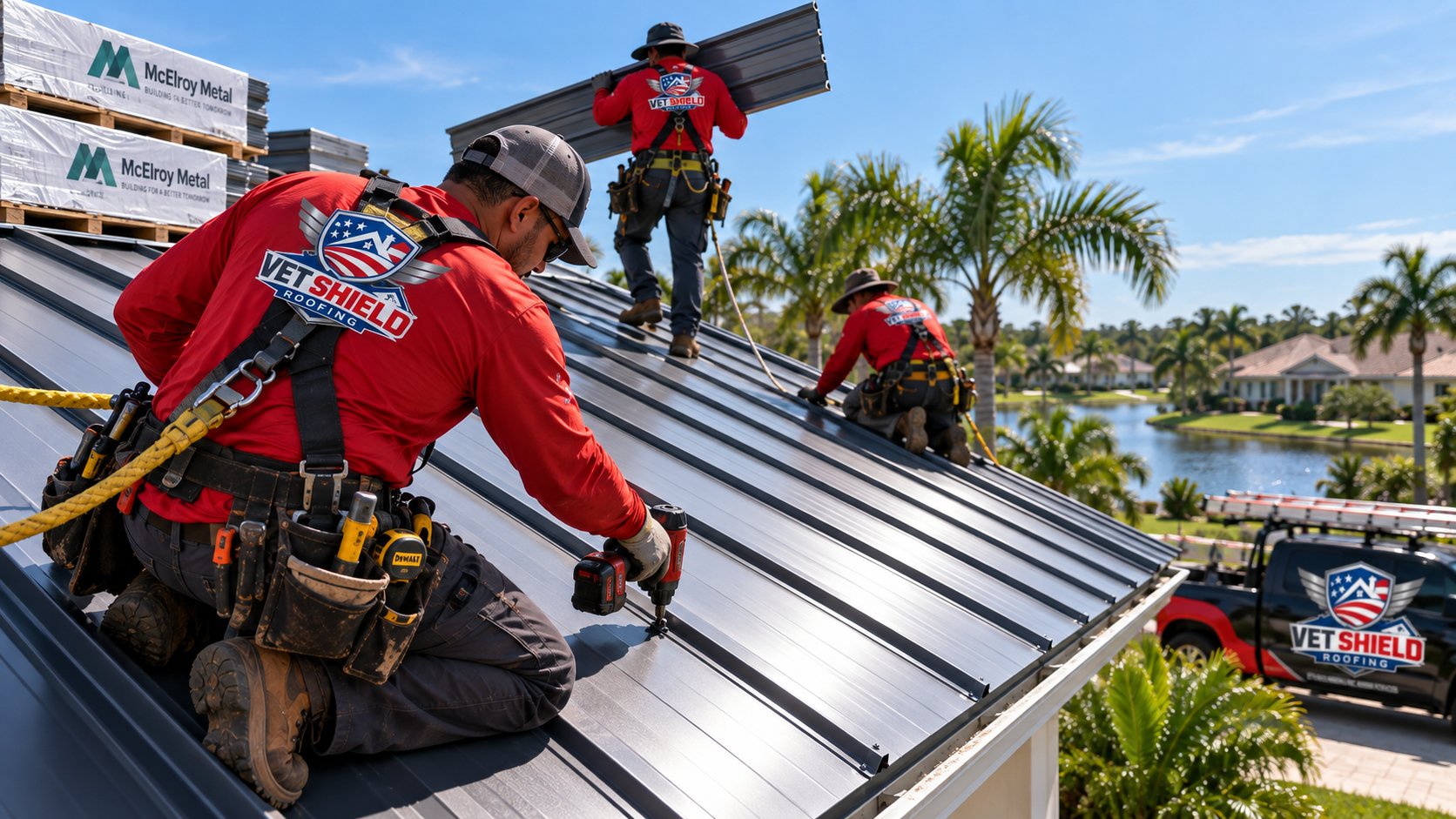 Vet Shield crew installing a standing seam metal roof