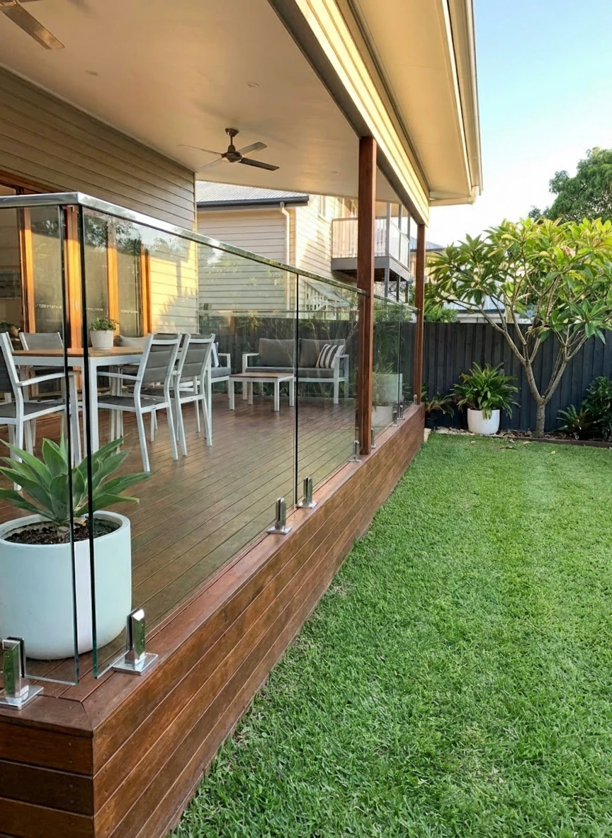 raised Brisbane deck with frameless glass balustrade for open outdoor living