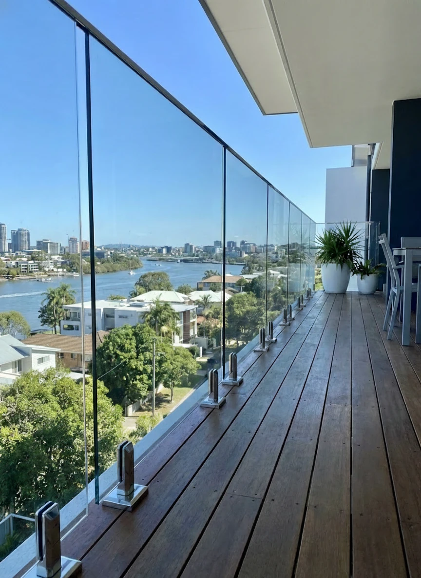 external frameless glass balustrade with spigot fixings on Brisbane terrace