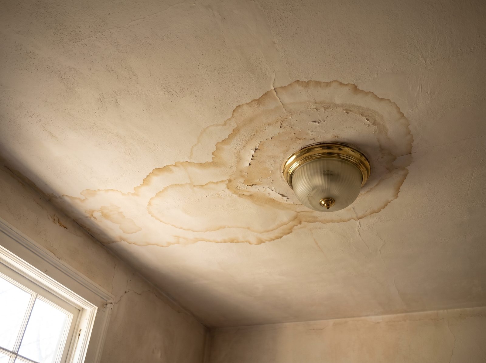 Kitchen ceiling leak traced to a valley (before)