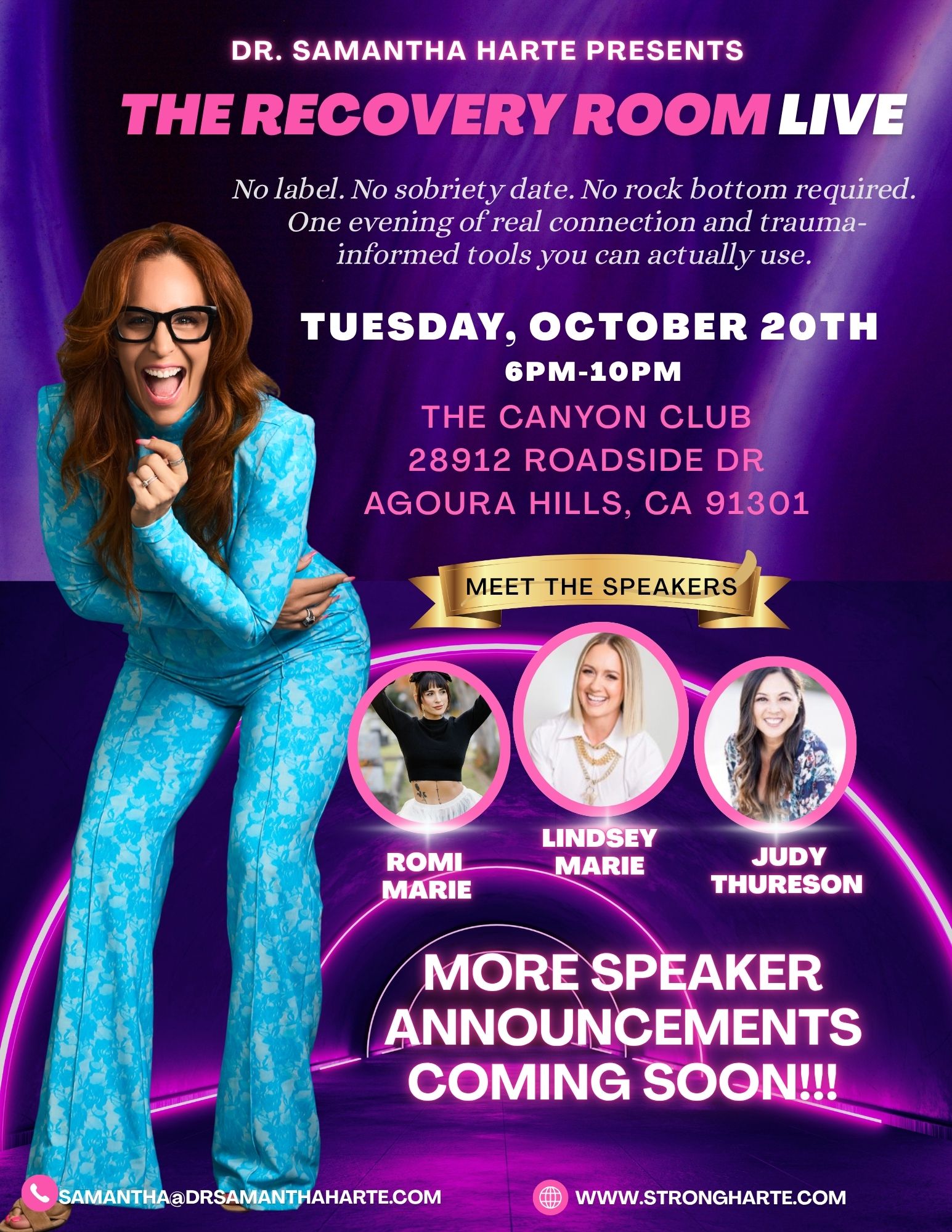 The Recovery Room event flyer — Tuesday October 20th at the Canyon Club, Agoura Hills, CA