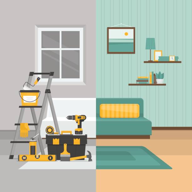 Split illustration showing the interior of a house before renovation on one side with damage and disrepair and after renovation on the other side with clean updated finishes