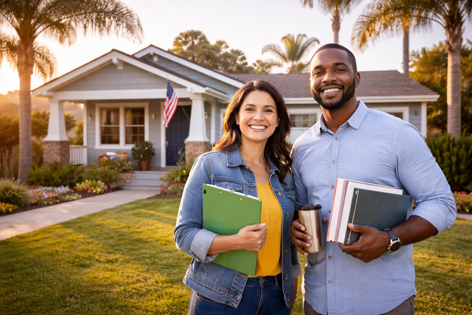 Two teachers smiling and holding books and notebooks while standing in front of a house
