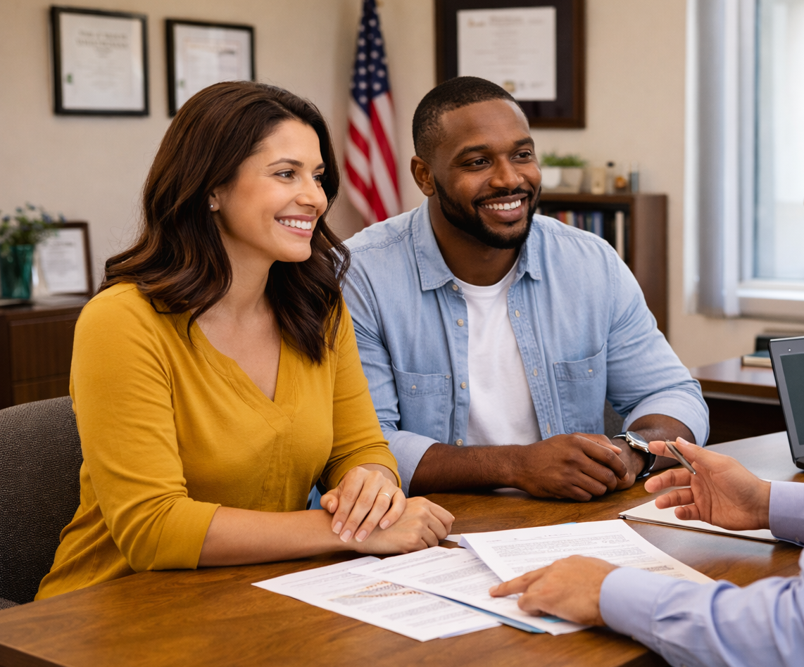 Couple sitting at a desk meeting with a mortgage lender to discuss home loan options