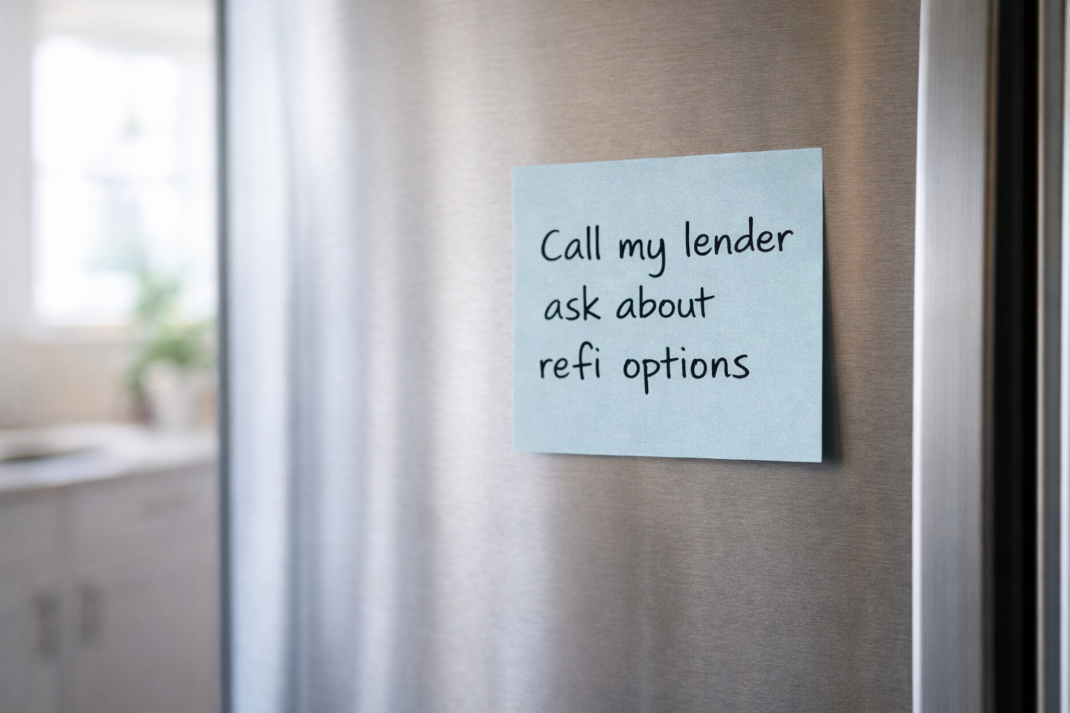 Close up of a refrigerator with a sticky note that reads Call my lender ask about refi options