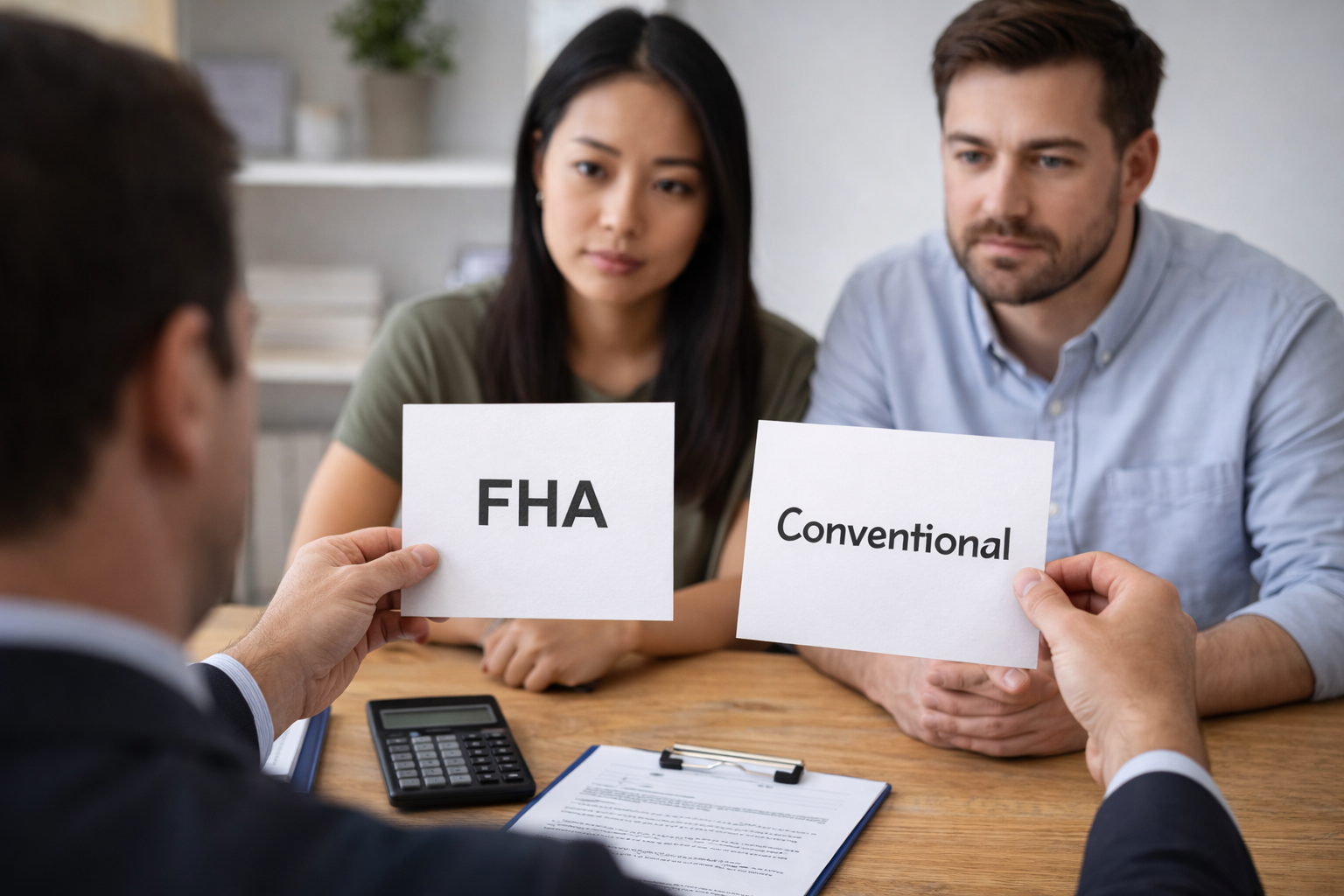 Couple meeting with a lender being presented two loan options labeled FHA and conventional