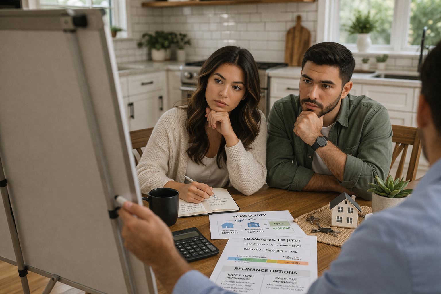 Homeowners reviewing loan to value and home equity calculations during a refinance planning meeting