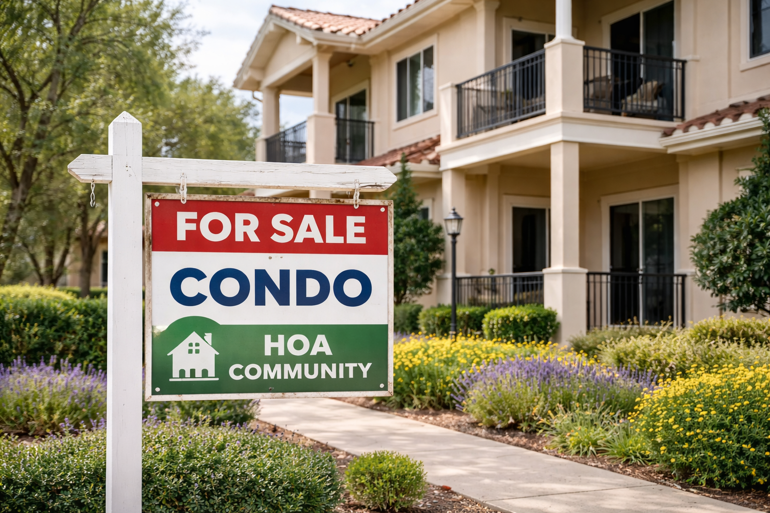 A condo with a for sale sign posted that also includes the words HOA Community