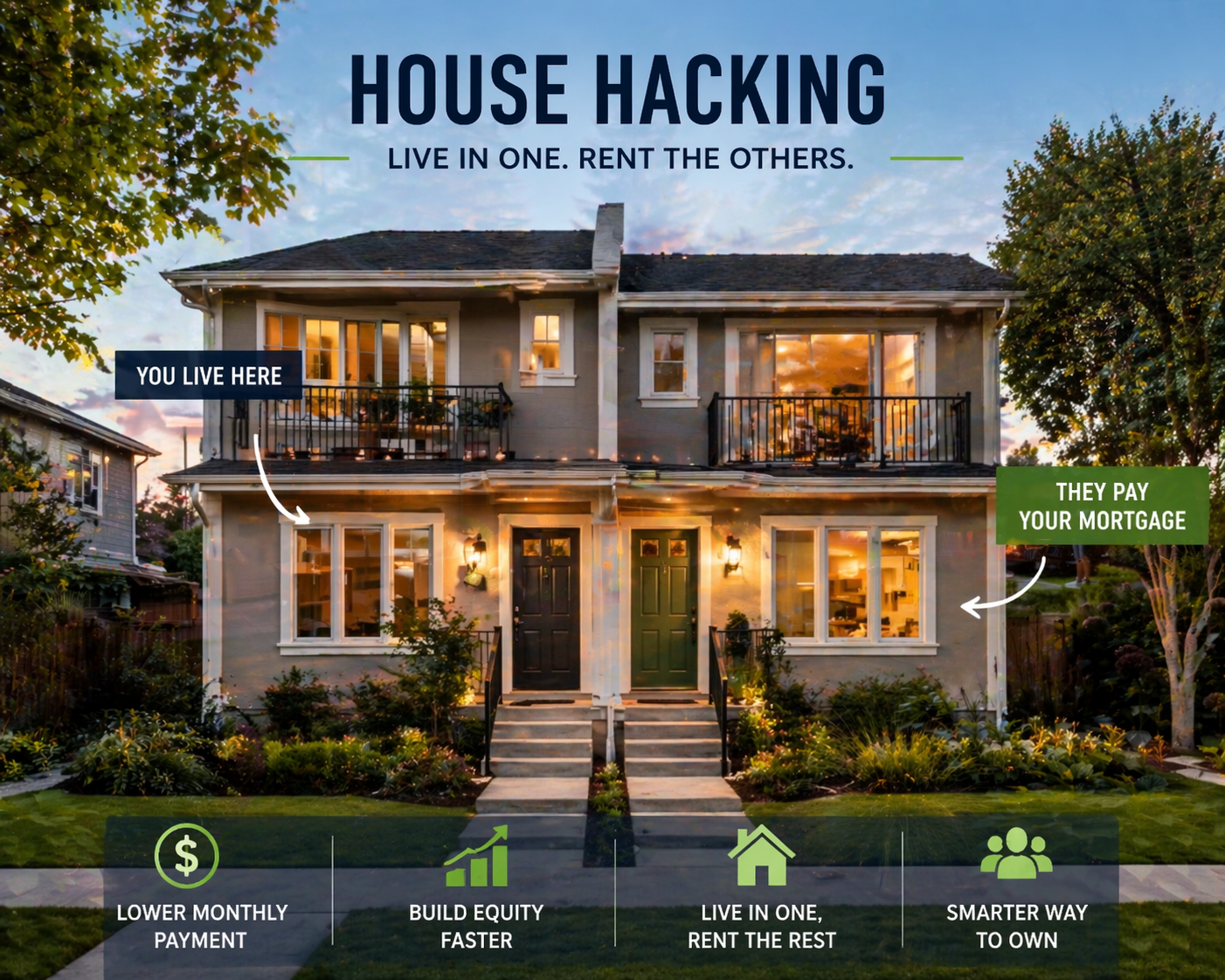 Duplex multi-unit property showing house hacking strategy where owner lives in one unit and rents the others for income