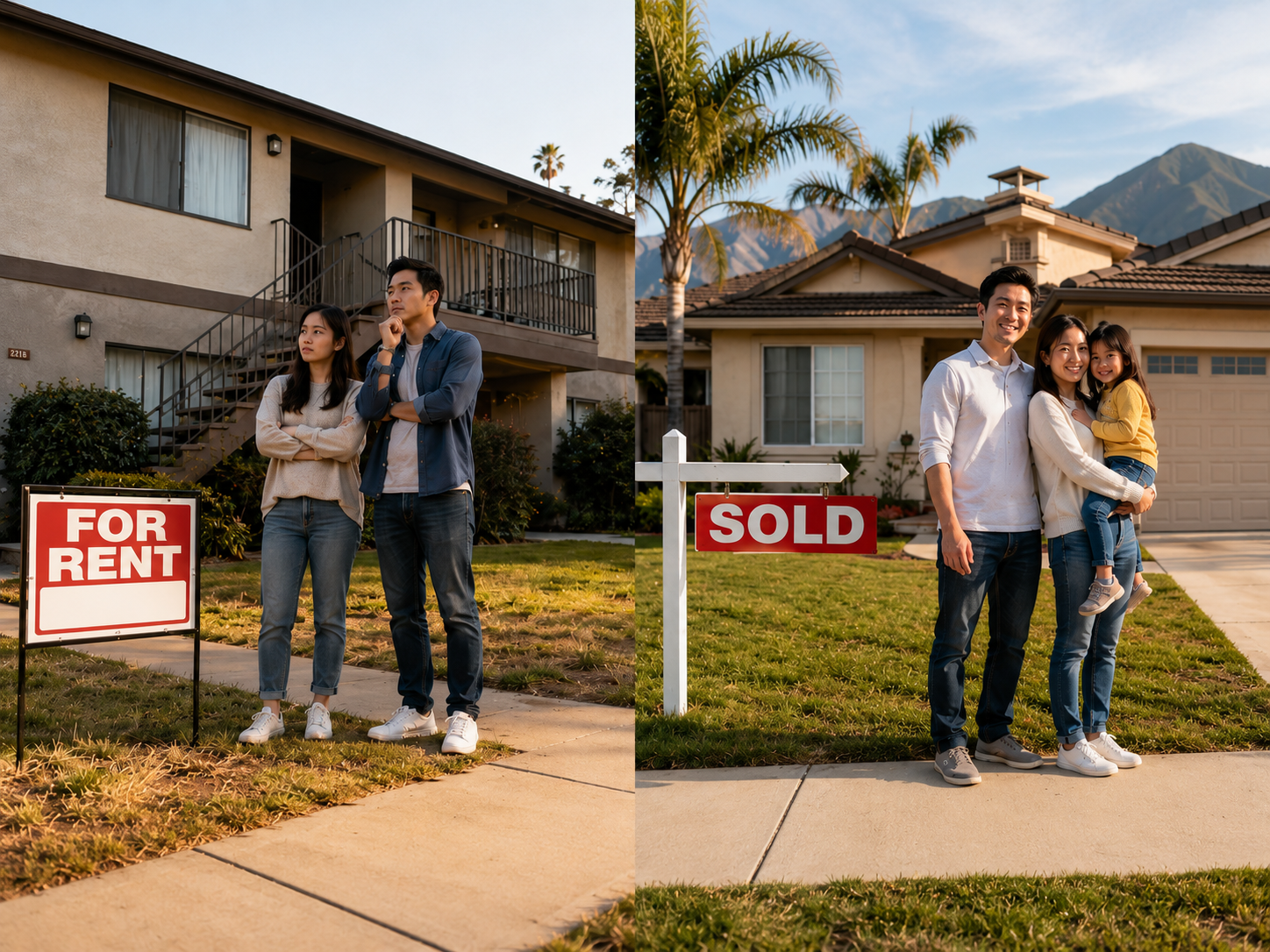 Split image showing a rental sign on one side and a sold sign on the other representing the rent vs buy decision in the San Gabriel Valley