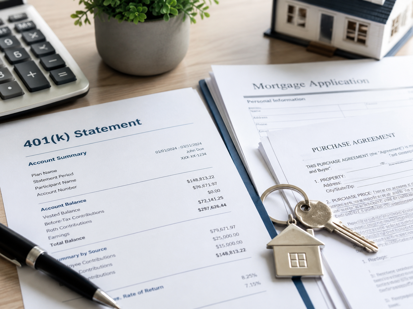 a close up of a 401k retirement statement on a desk alongside a house key or home purchase documents.