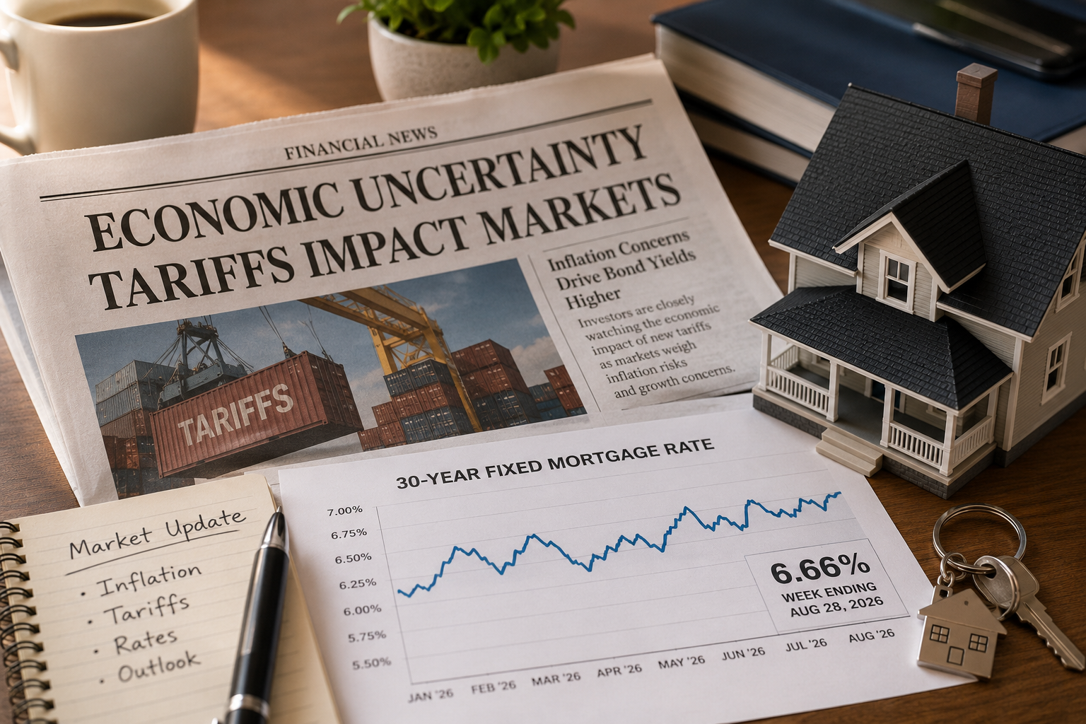 a close up of a mortgage rate chart or a newspaper with economic headlines alongside a house model.